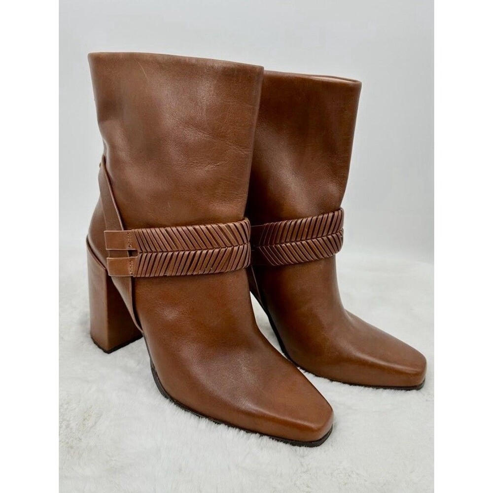 A.D. Daughters Brown Cognac  Leather Ankle Boots Square Toe Block Heel 8.5 Boho